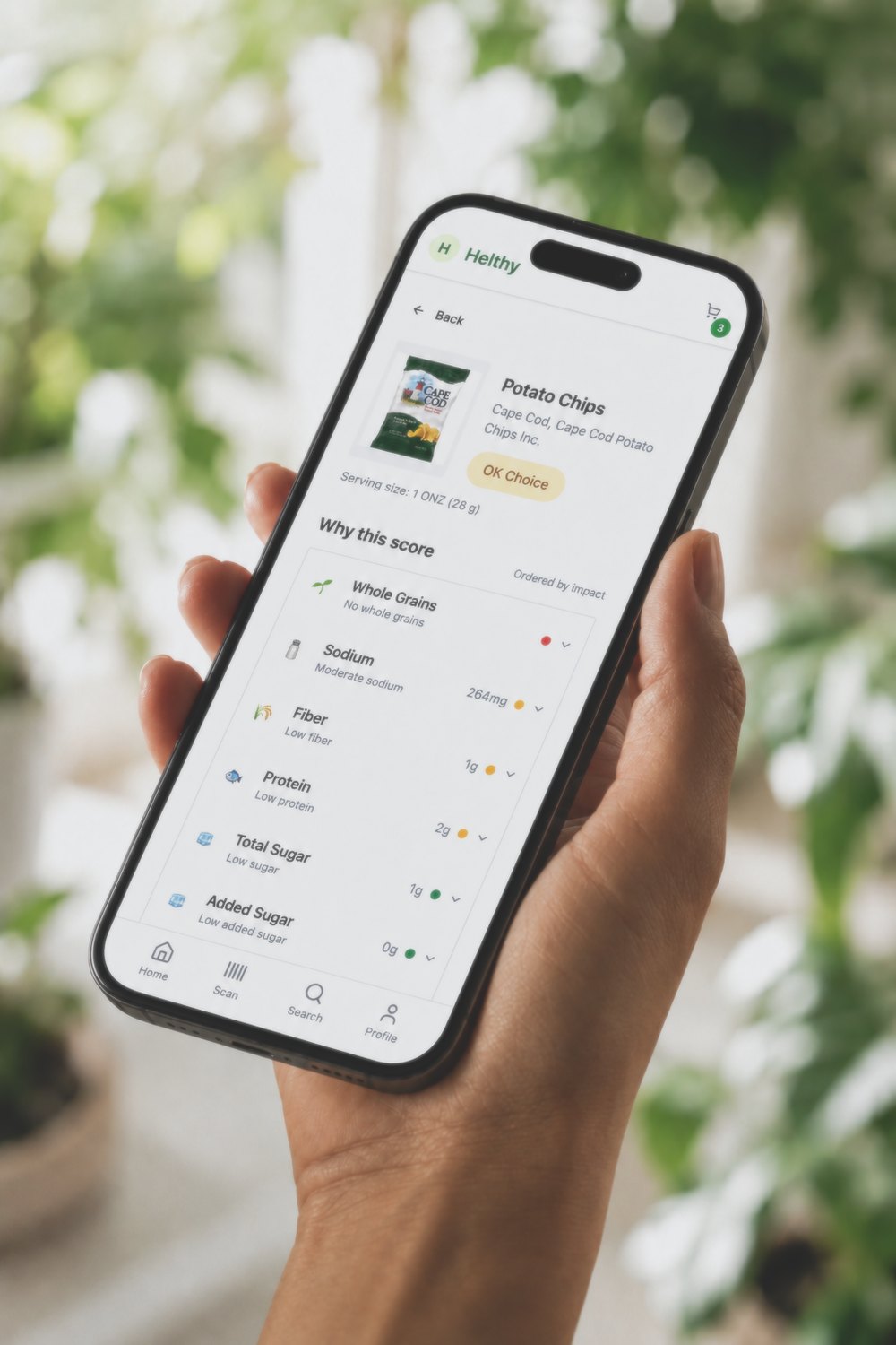The Helthy app showing a diabetes-specific read of Cape Cod potato chips — an 'OK Choice' with a breakdown of whole grains, sodium, fiber, protein and sugar.